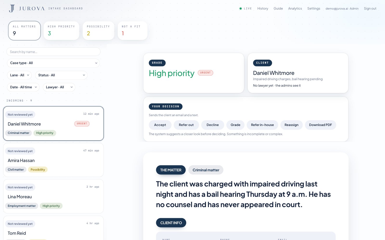 The Jurova portal: new clients graded on the left, one client's memo on the right.